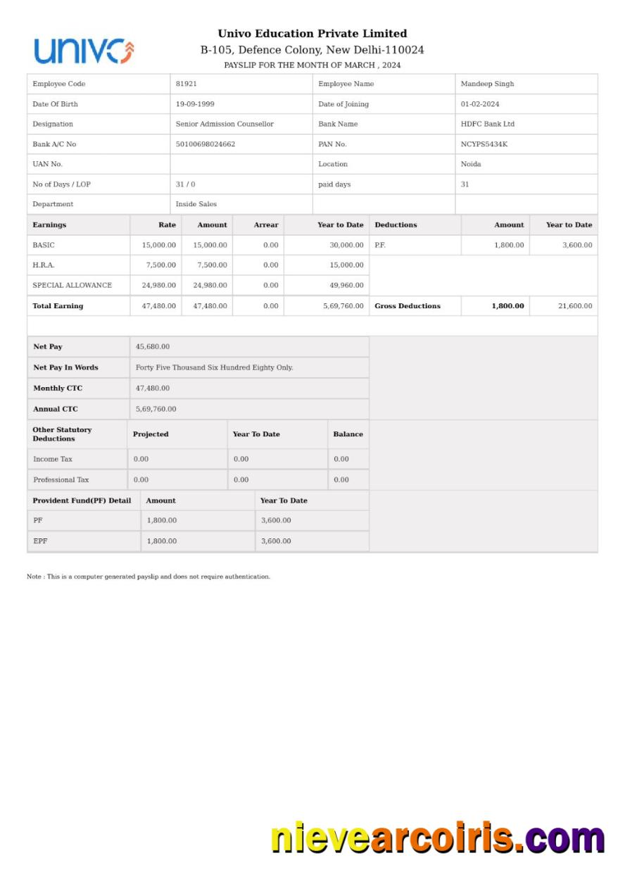 Univo Education payslip